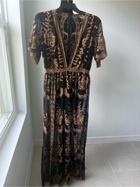 Black Maxi Dress with Bronze Floral Embroidery